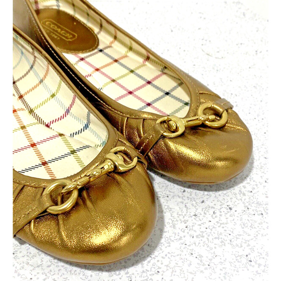 Coach Leona Ballet Flats Golden Metallic Leather Slip On Shoes Horse Bit US 6.5B
